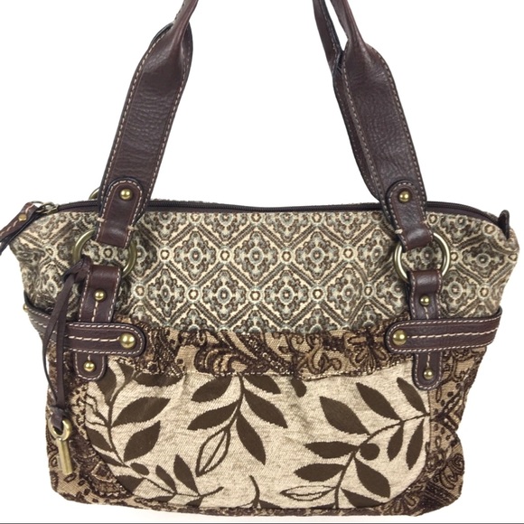 Fossil Handbags - Fossil Bag Tote Tapestry Satchel Purse Brown